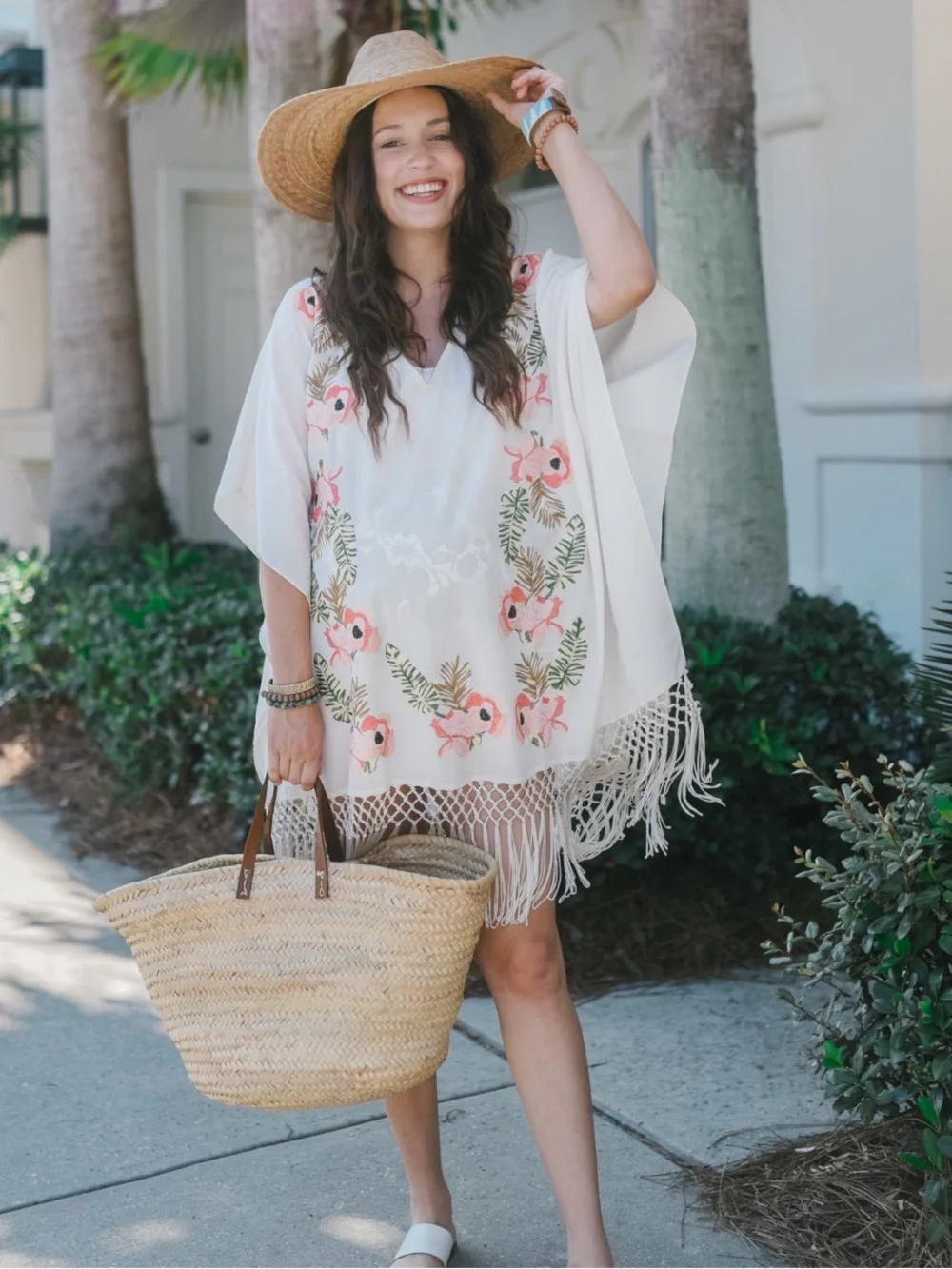 NWT Show Me Your MuMu White/Pink Floral Embroidered Fringe Swim Coverup, Size XS